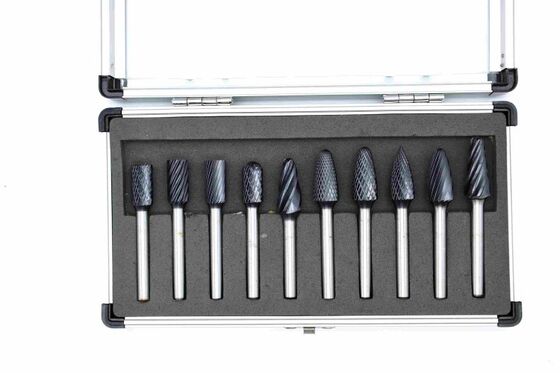 10-Piece AlTiN-Coated Multi-Cut Carbide Burr Set for Metalworking in Aluminum Case