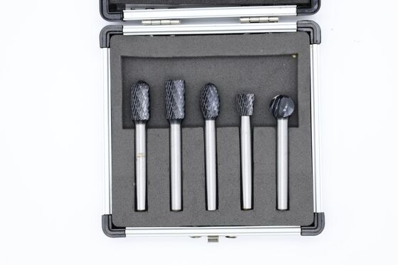 5-Piece AlTiN-Coated Double Cut Carbide Burr Set with 6mm Shank in Aluminum Case